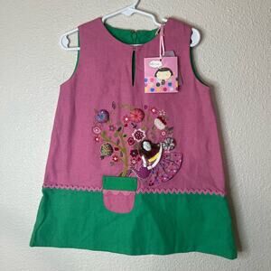 Lola et moi pink green 3D flowers Plant doll linen cotton shift Dress NEW 2